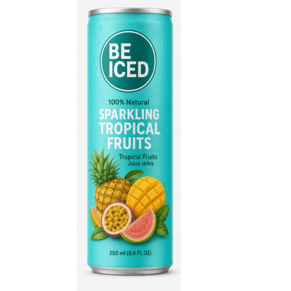 Chilled can of BE ICED sparkling mango pineapple juice drink surrounded by fresh tropical fruits