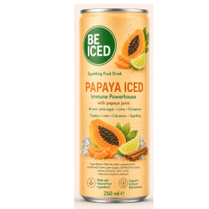 BE-ICED brand sparkling papaya juice drink in a 250ml can.