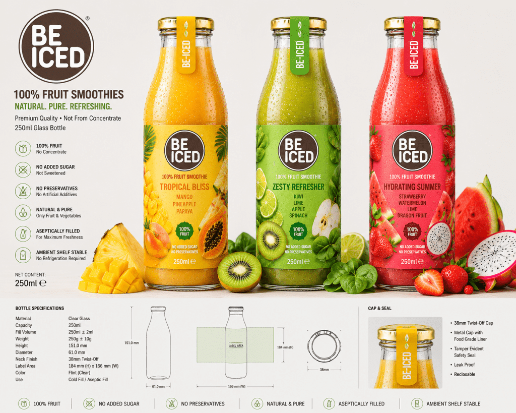 The Philosophy: Real Fruits, Real Good
The BE ICED philosophy is refreshingly simple: let the fruit speak for itself. Each smoothie in the collection is made from 100% carefully selected real fruits, with no added sugar and no preservatives. The result is pure, delicious goodness that tastes exactly as nature intended.