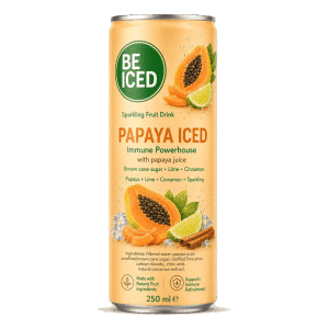 BE ICED 250 ml sparkling papaya drink can with orange papaya graphic
